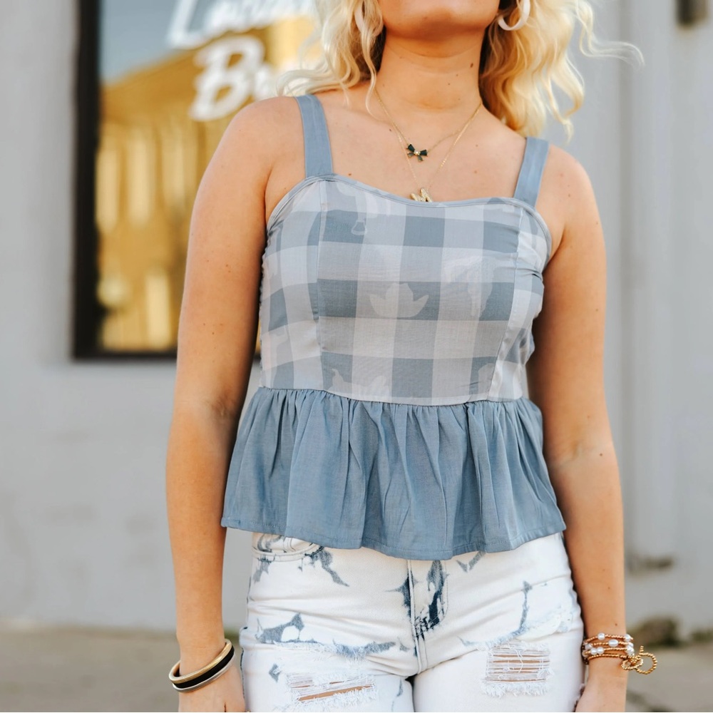 Stylish Gray Checkered Peplum Tank Top